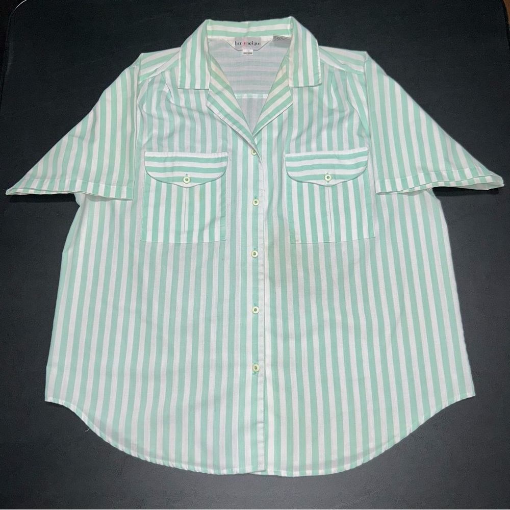 Vintage Bon Magique Button Shirt Womens 38/18W Turquoise White Stripes Pockets
